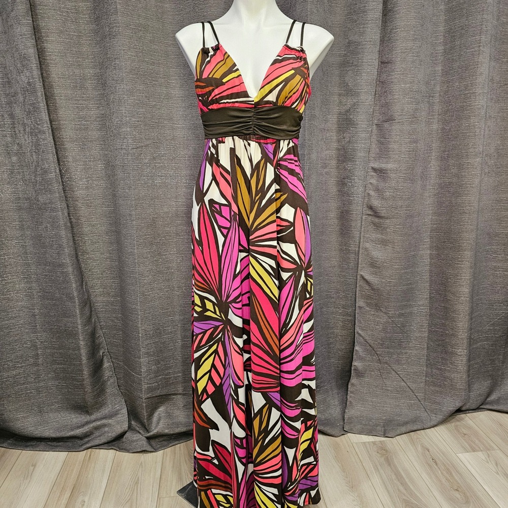 Floral Maxi Dress Tropical Casual‎ Summer Dress Womens Size Medium Brown Pink